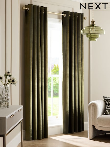 Olive Green Liquid Velvet Lined Eyelet Curtains (AV5308) | €55 - €138