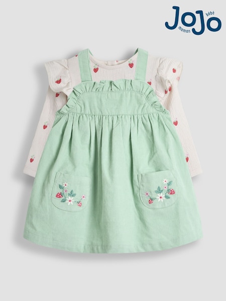 JoJo Maman Bébé Khaki Green Strawberry 2-Piece Frill Sleeve Top & Pinafore Set (AV5362) | $52 - $56