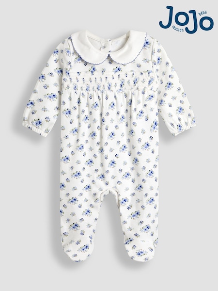 JoJo Maman Bébé Ecru Ditsy Floral Print Smocked Sleepsuit (AV5364) | €26 - €27.50