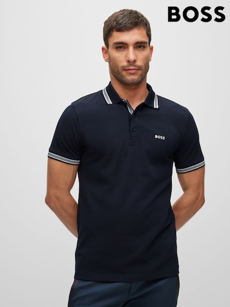 BOSS Navy Tipped Paddy 100% Cotton Polo Shirt (AV5471) | €118