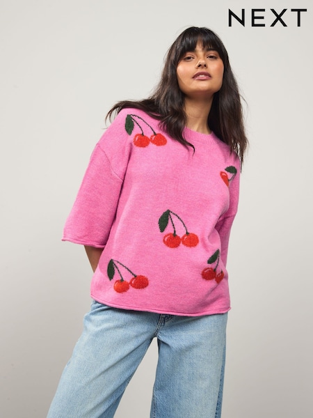 Pink Cherry Graphic Print Pattern Knitted Half Sleeve Top (AV5563) | R$ 330