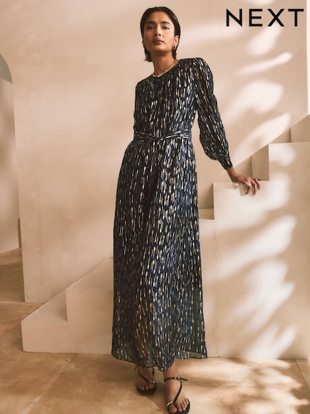 Marineblau/blau - Langarm Maxikleid mit Rundhals und Bindegürtel in der Taille (AV5759) | 107 €
