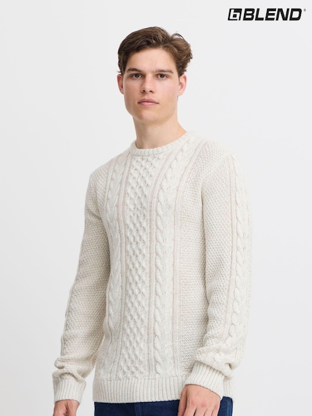 Alb - Pulover din tricot cu cablu, Blend Guler (AV5899) | 146 LEI