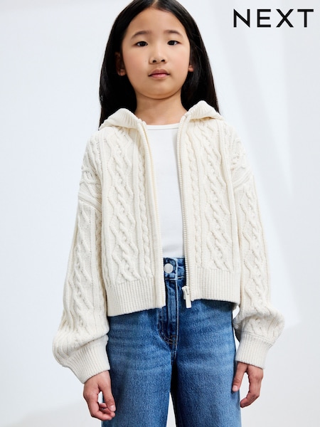 Ecru Zip Through Cable Knit Hoodie (3-16yrs) (AV5932) | €32 - €39