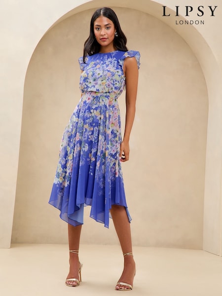 Lipsy Cobalt Blue Floral Printed Hanky Hem Midi Dress (AV6020) | €111