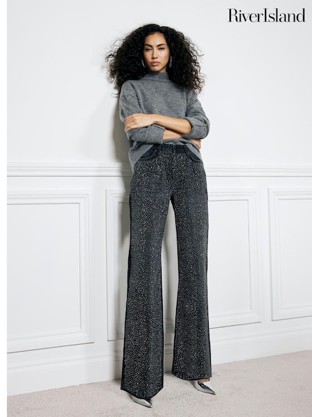River Island Black High Rise Embellished Relaxed Straight 100% Cotton Jeans (AV6090) | €55