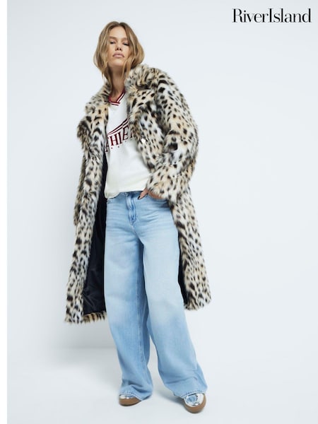 River Island Brown Leopard Print Longline Faux Fur Coats (AV6102) | €89