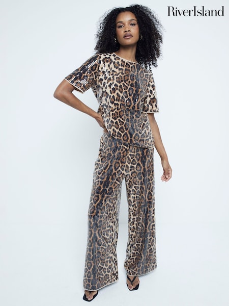 River Island Brown Leopard Print Sequin T-Shirt (AV6135) | 94 QAR