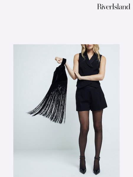 River Island Black Waterfall Tassel Clutch Bag (AV6144) | €16