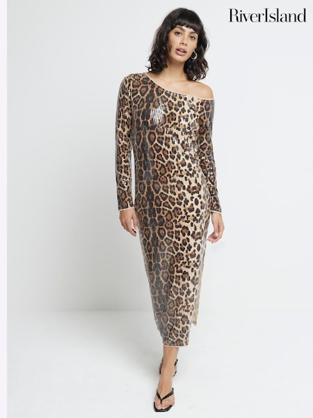 River Island Brown Leopard Print One Shoulder Midi Dress (AV6152) | €35
