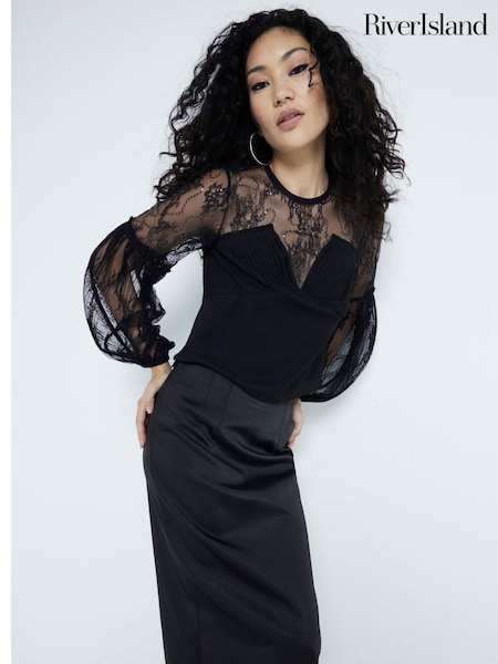 River Island Black Lace Sequin Detail Blouse (AV6233) | 159 QAR