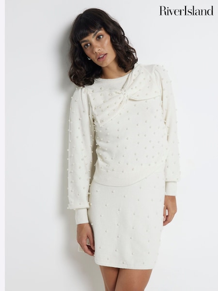 River Island Cream Bow Pearl Crew Neck Jumper (AV6244) | AED291