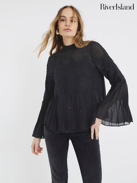 River Island Black Lace Applique Pleated Blouse (AV6250) | ₪211