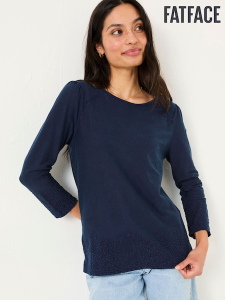 FatFace Ria Navy Broderie 100% Cotton Top (AV6263) | ₪199