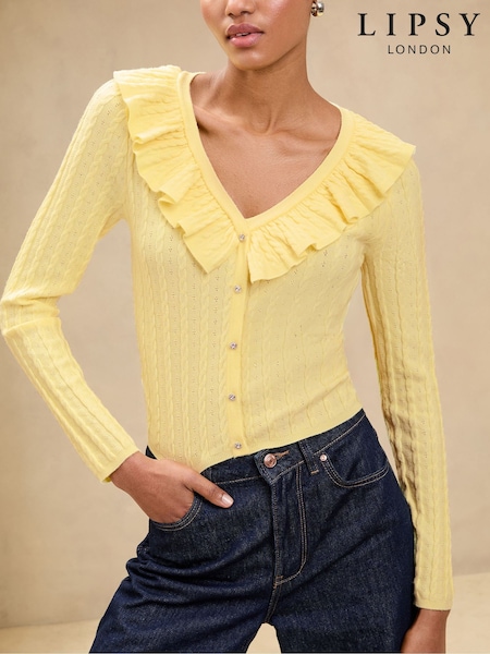 Пахта жовта - Lipsy оборка Front V-подібний виріз Pointelle Detail лонгслів Knit Top (AV6268) | 2 343 грн