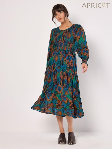 Apricot Light Green Ikat Chiffon Smocked Midi Dress (AV6306) | €58