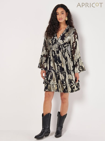 Apricot Black Gold Paisley Bell Sleeve Dress (AV6319) | €62