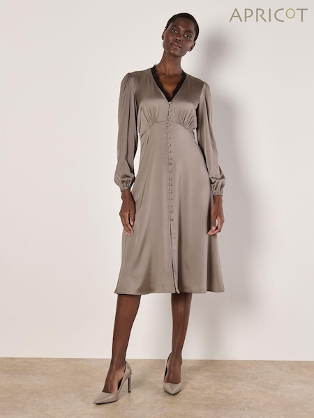 Apricot Grey Lace Insert Satin Dress (AV6323) | €69