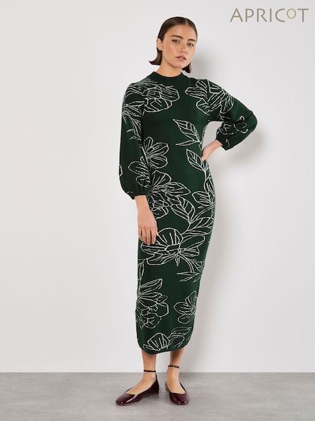 Apricot Green Sketched Floral Print Puff Sleeve Dress (AV6327) | €27
