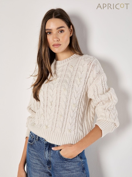 Apricot Cream Faux Pearl Cable Knit Jumper (AV6332) | €50