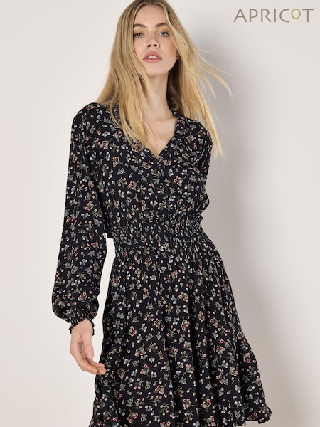 Apricot Black Vintage Ditsy Floral Print Smock Waist Dress (AV6339) | €50