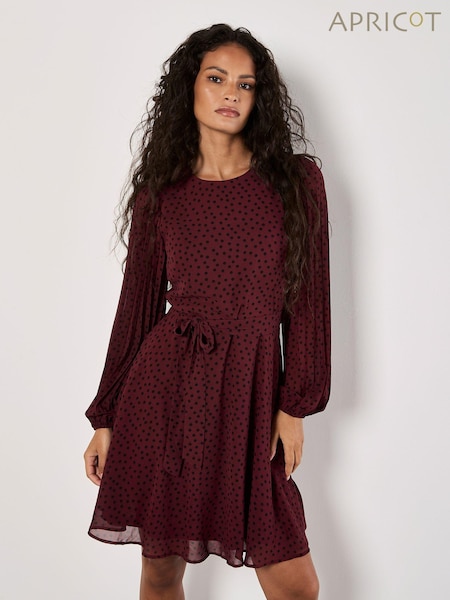 Apricot Red Pleated Sleeve Polkadot Dress (AV6346) | €50