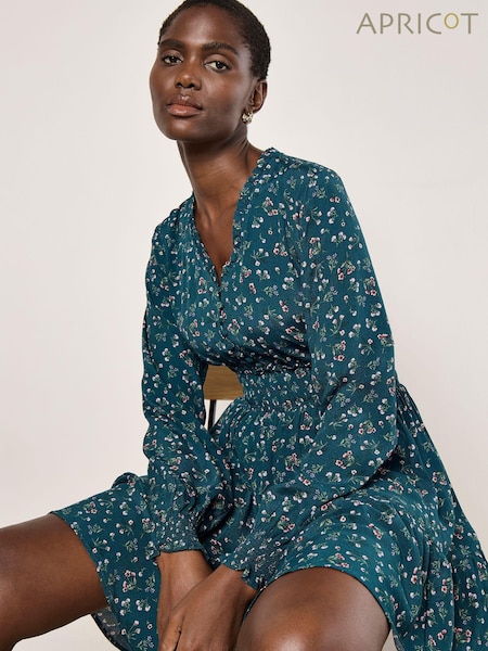 Apricot Green Vintage Ditsy Floral Print Smock Waist Dress (AV6348) | €50
