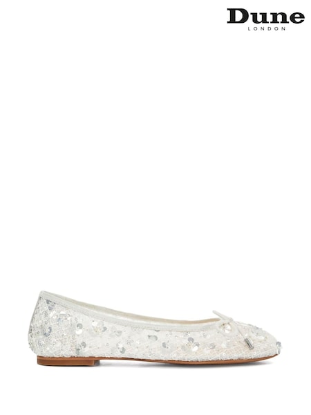White - Dune London Hannie Embellished Mesh Ballet Flat Shoes (AV6403) | 411 LEI