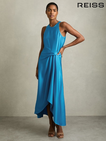 Reiss Blue Micah Satin Drape Tuck Midi Dress (AV6501) | CA$451