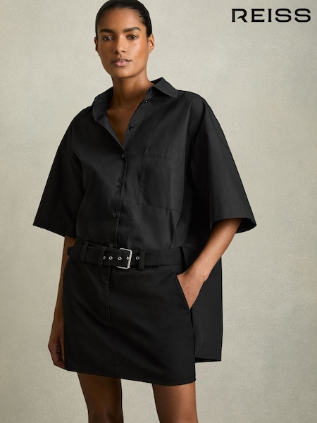 Reiss Black Alice Cotton Woven Belted Shirt Dress (AV6525) | €198