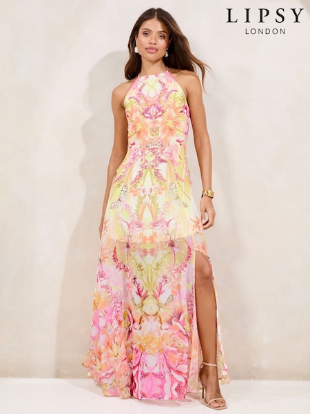 Lipsy Printed Halter Chiffon Sleeveless Maxi Dress (AV6649) | 138 €