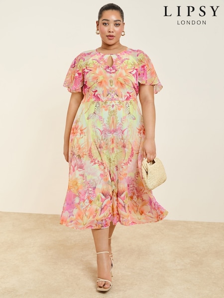 Lipsy Pink Curve Printed Chiffon Short Sleeve Maxi Dress (AV6655) | €122