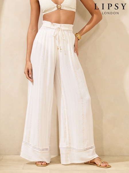 Alb - Pantaloni de plajă Lipsy evazați cu dungi sclipitoare (AV6663) | 238 LEI