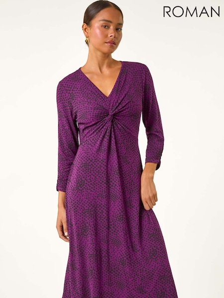 Roman Purple Petite Twist Front V-Neck Midi Dress (AV6674) | $90