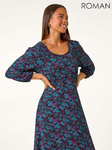 Roman Purple Petite Paisley Print Button Stretch Dress (AV6688) | €60