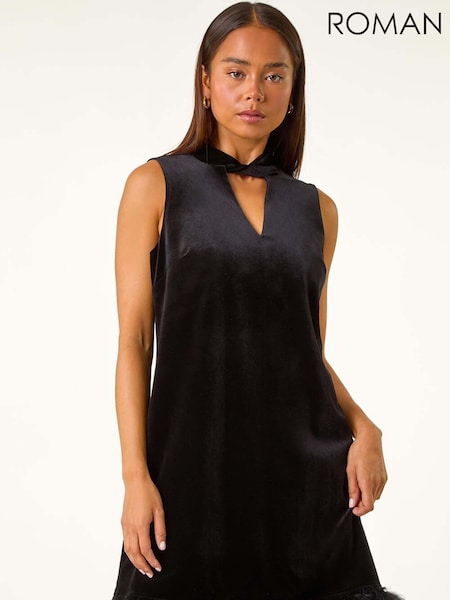 Roman Black Petite Velvet Feather Hem Dress (AV6693) | 346 QAR