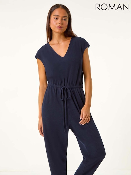 Roman Blue Petite Tie Waist Rib Jersey Jumpsuit (AV6695) | € 66
