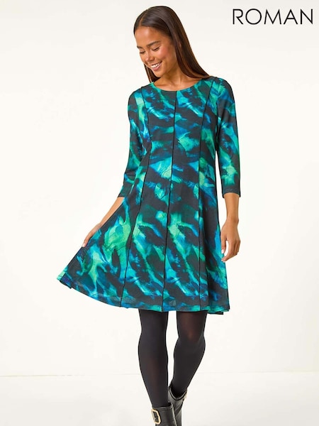 Roman Green Petite Abstract Print Seam Detail Dress (AV6697) | R$ 510