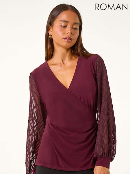 Roman Red Petite Jacquard Contrast V-Neck Wrap Top (AV6701) | AED277