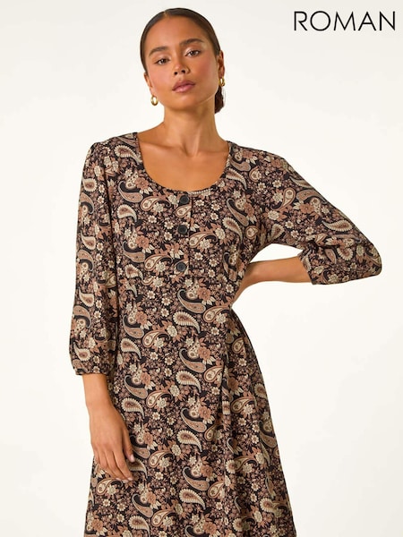 Roman Brown Petite Paisley Print Button Stretch Dress (AV6703) | AZN 129