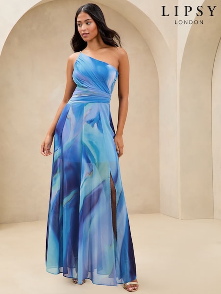 Lipsy Blue Petite One Shoulder Marble Printed Chiffon Maxi Dress (AV6708) | $147