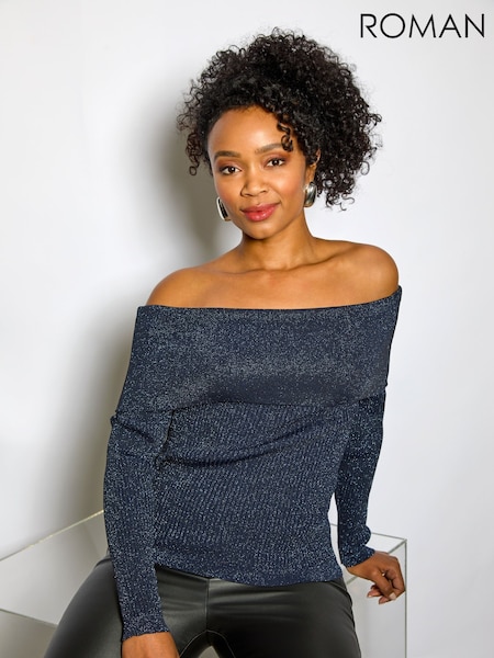 Roman Blue Petite Metallic Bardot Knit Top (AV6716) | €42