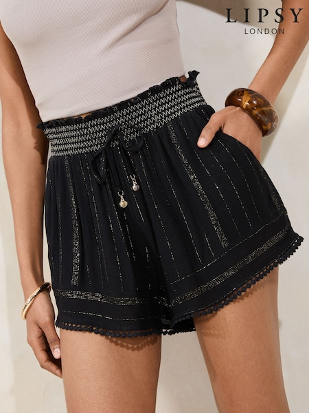 Lipsy Black Sparkle Petite Beach Shorts with Pom Trim (AV6822) | €40