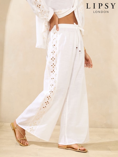 Lipsy White Petite 100% Cotton Wide Leg Broderie Beach Trousers (AV6829) | AED210