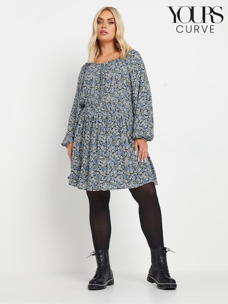 Yours Curve Blue Floral Print Crinkle Tie Neck Tunic (AV6842) | $51