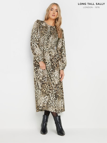 Long Tall Sally Natural Animal Print Shirred Midaxi Dress (AV6844) | AED250