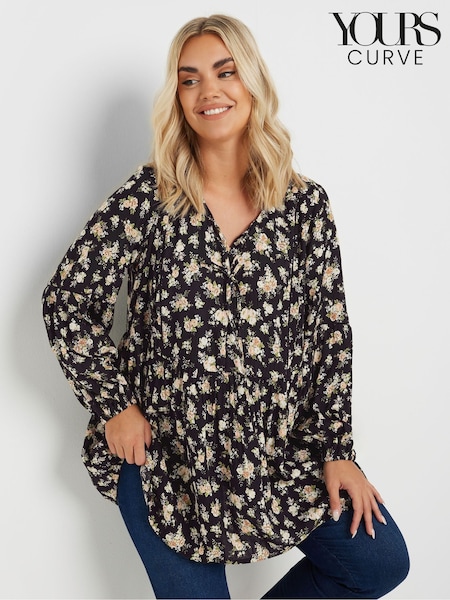 Yours Curve Black Floral Print Crinkle Tie Neck Tunic (AV6857) | $51