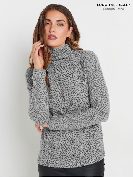 Long Tall Sally Grey Animal Print Roll Neck Soft Touch Top (AV6875) | 1,802 UAH
