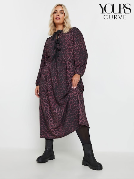 Yours Curve Purple Limited Long Sleeve Leopard Print Bow Dress (AV6890) | €65