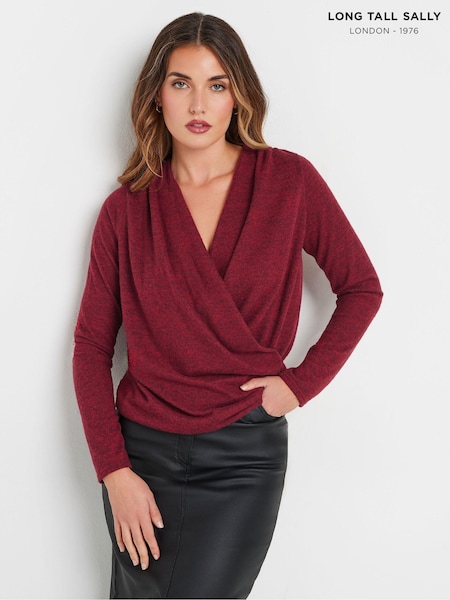 Long Tall Sally Red Wrap Print Soft Touch Top (AV7018) | ₪151